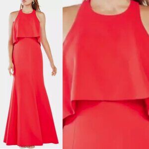 BCBGMAXAZRIA Louella  Crepe Popover Evening Gown Dress Bright Poppy Size 2